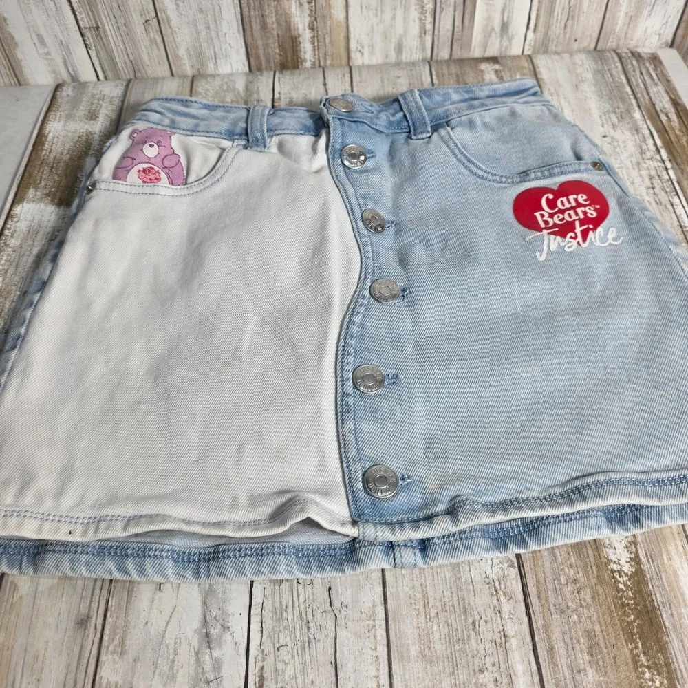Justice Care Bears Denim Mini Skirt Light Wash Colorblock GirlButton Large 12/14